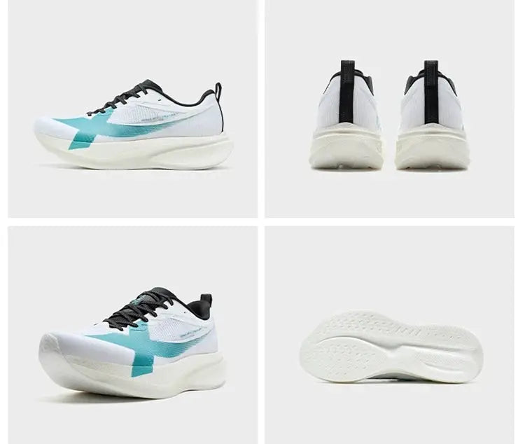XTEP 2000km PRO men’s running shoes in white-teal with black laces and lightweight sneaker viewed from side and back