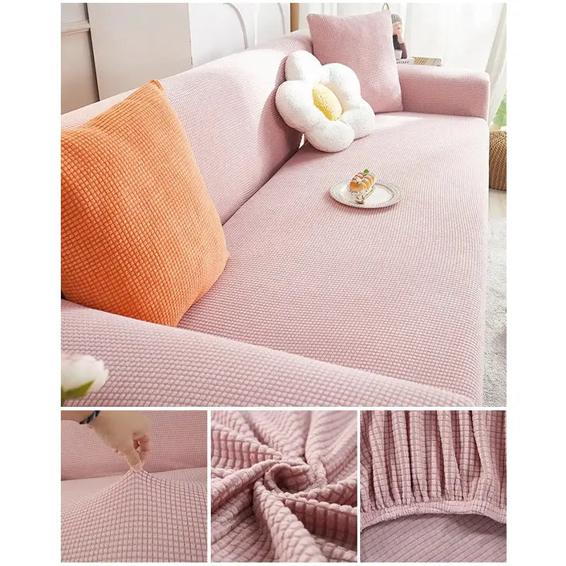 Elastic pink jacquard sofa cover for L-shaped sectional couch