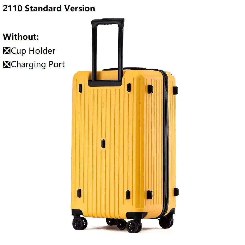 Yellow hard-shell carry-on luggage by Simples Market with extendable handle and four spinner wheels