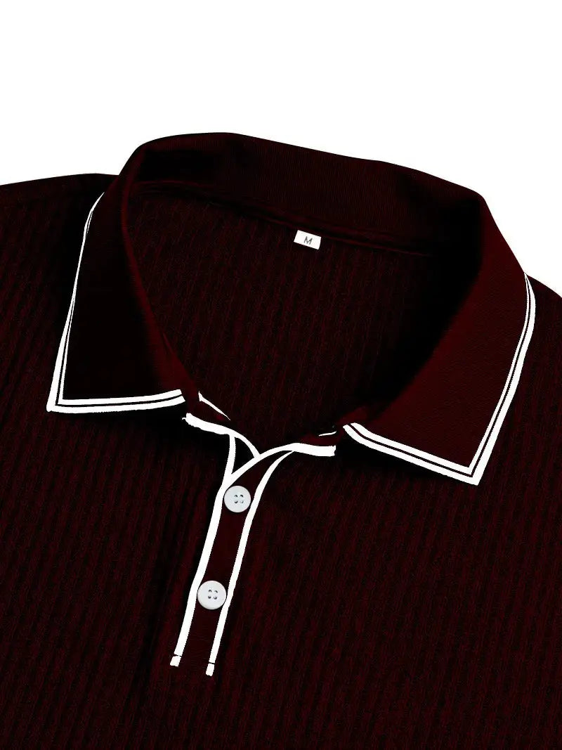 Simples Market men's burgundy short-sleeved polo shirt with white piping on collar and placket