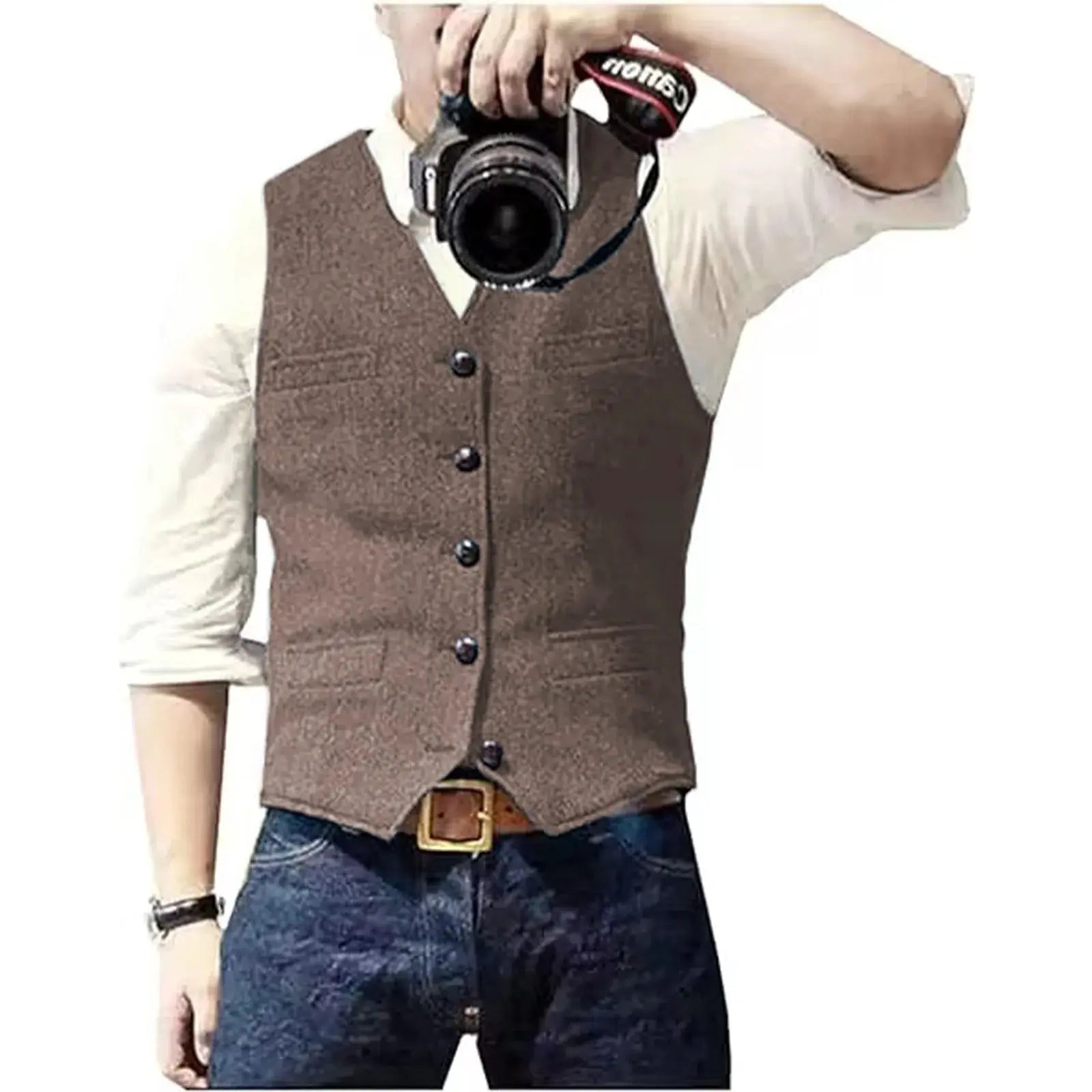 Men's brown wool herringbone tweed waistcoat with V-neck and button front.