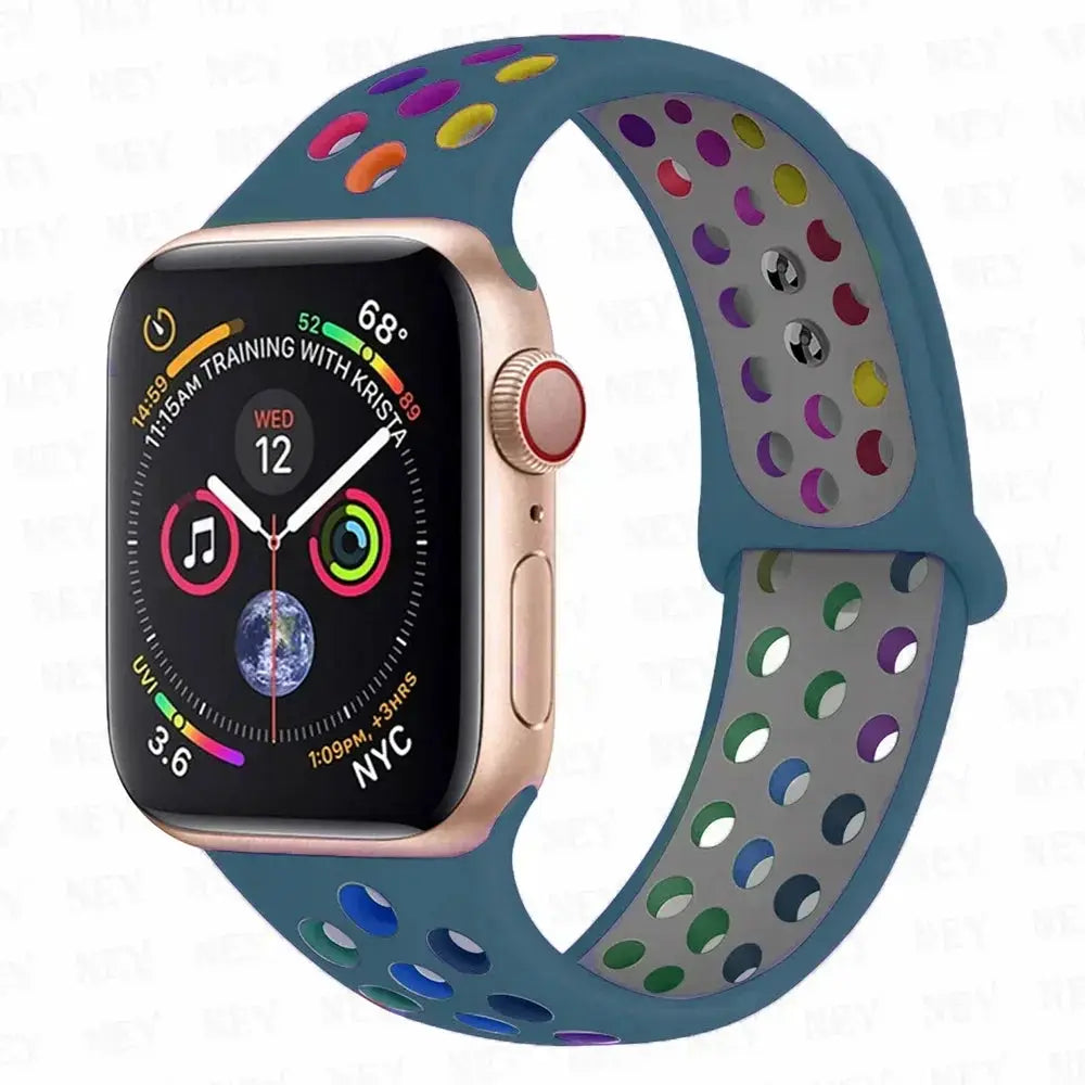 Silicone sport strap for Apple Watch by Simples Market, Pride perforated blue band, fits 38/40–45mm.