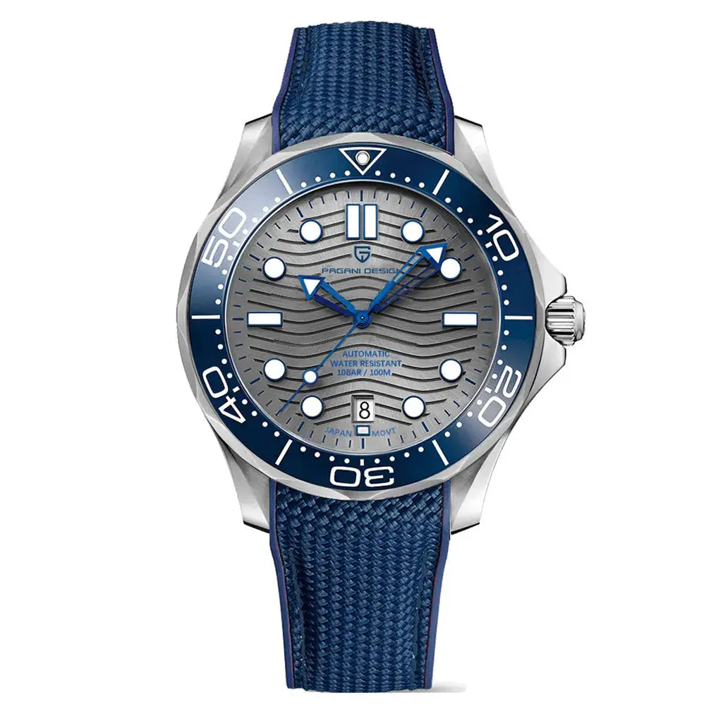 Pagani Design men's luxury automatic watch with blue bezel, grey wave dial, and blue fabric strap