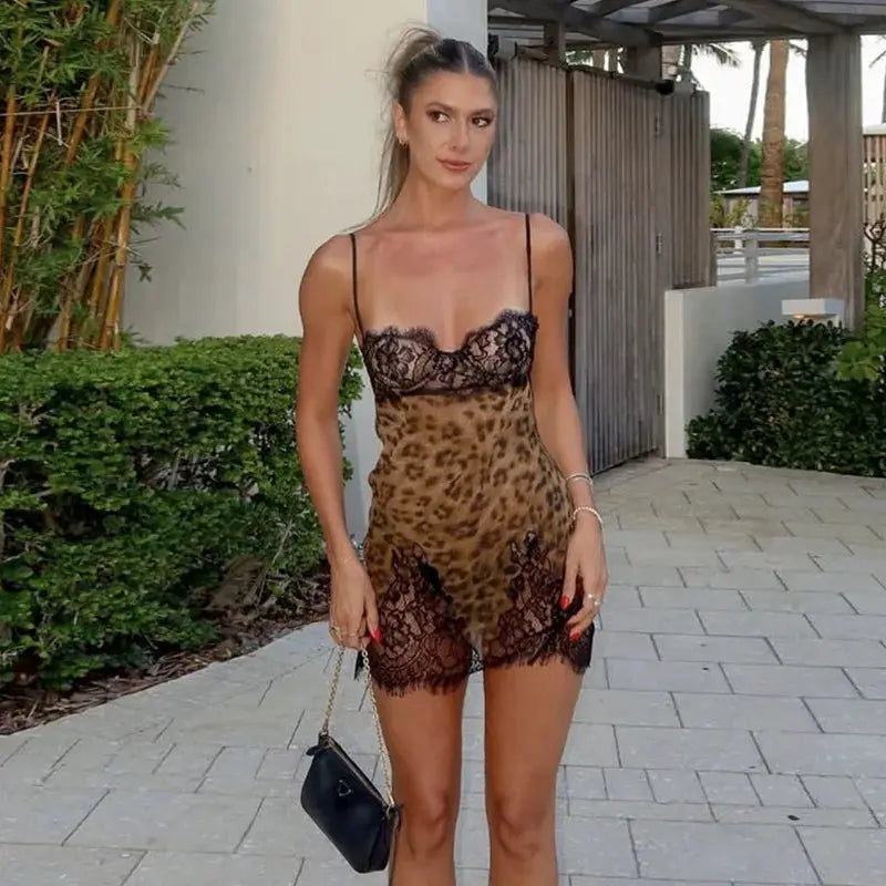 Julissa Mo Leopard Lace Mini Dress Spaghetti Strap High Waist Women