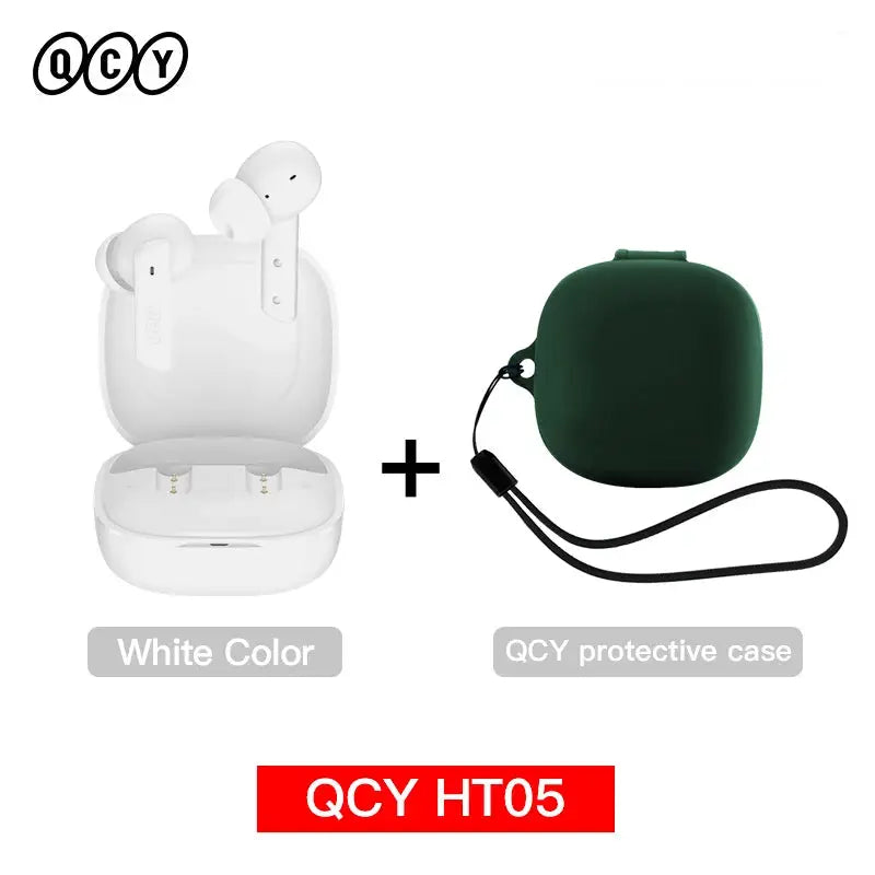 QCY HT05 wireless earbuds with white charging case and green protective case