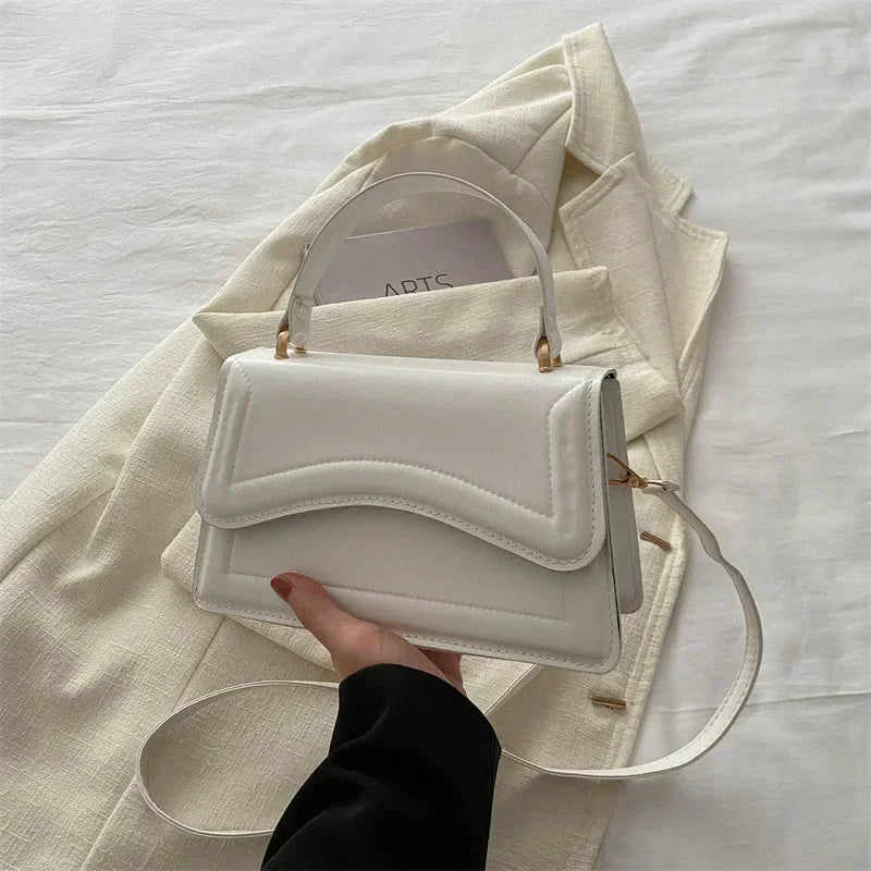 PU leather handbag white with top handle and detachable crossbody strap