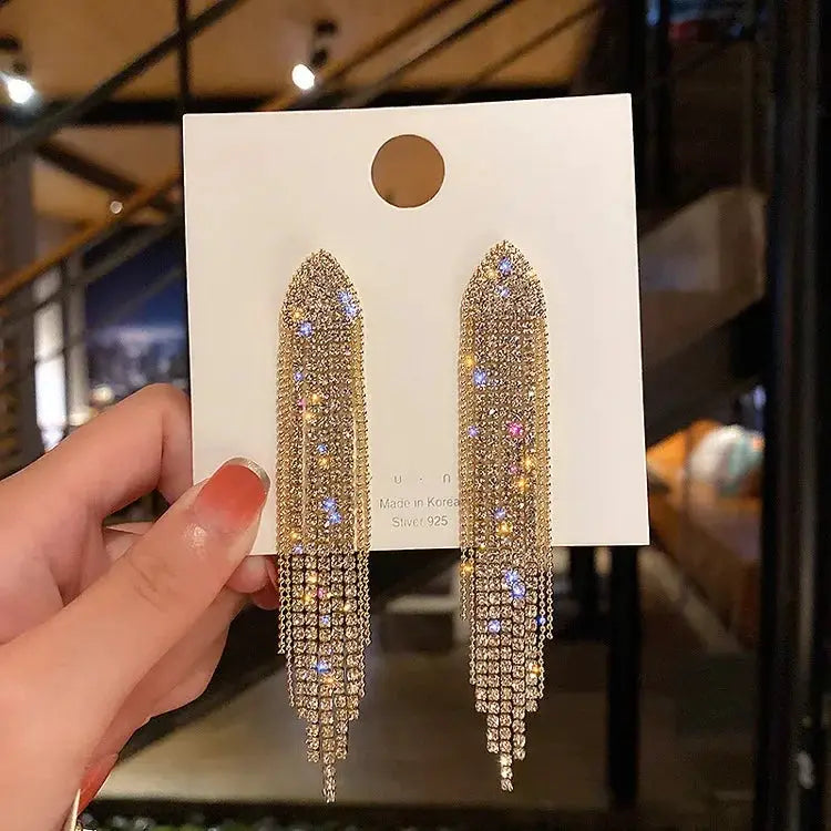 Pair of punk geometric zinc alloy earrings, gold-tone with crystal fringe drops