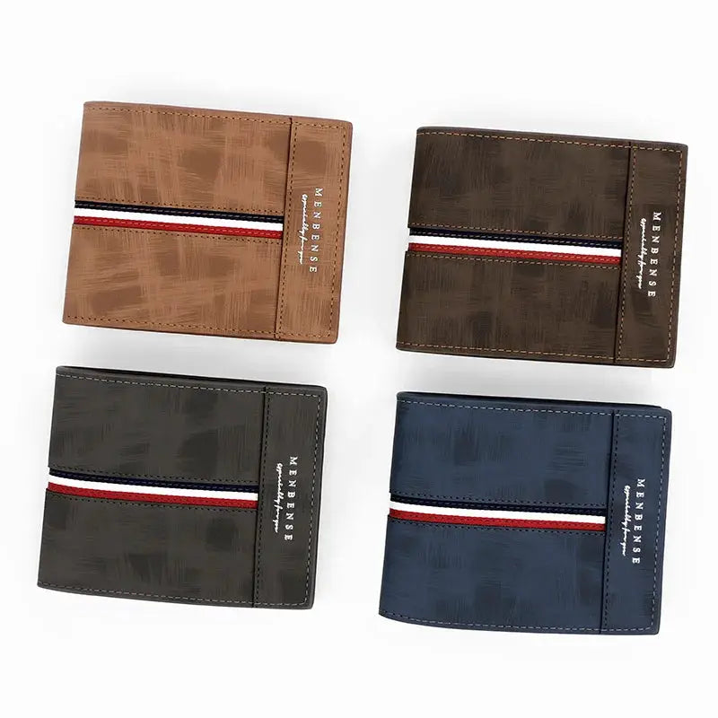 Simples Market luxury slim men's wallets; 4 PU leather card holders in tan, brown, gray and blue with stripe.