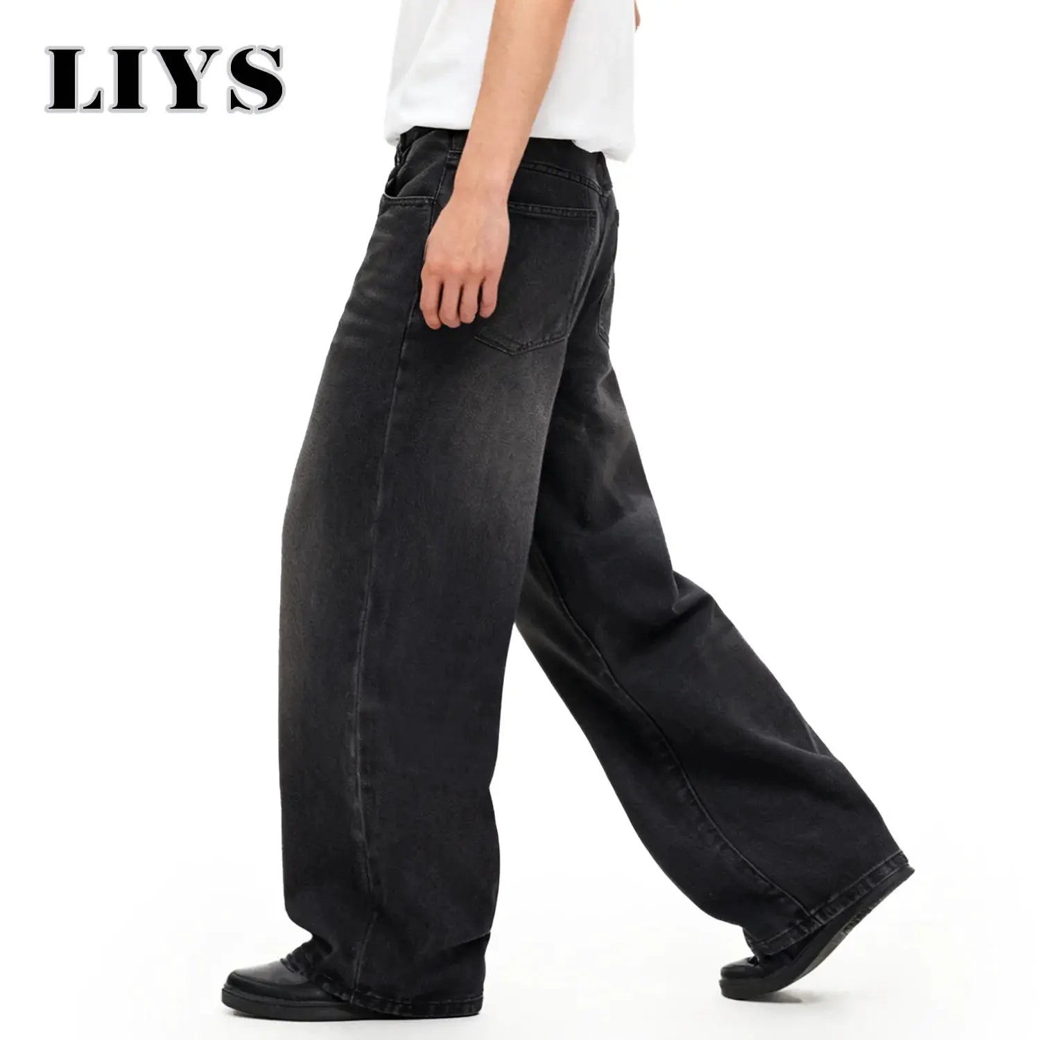Men's black wide-leg denim jeans with LIYS logo, baggy casual style by Simples Market