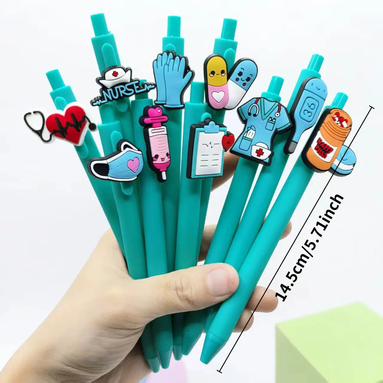 Simples Market teal medical ballpoint pen set with nurse-themed clip charms, 20–30 pcs