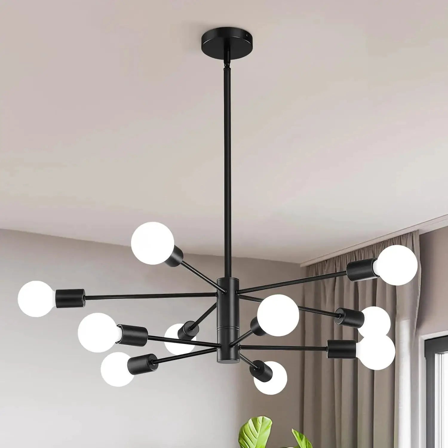 Nordic LED chandelier with black metal arms and white globe bulbs radiating from a central hub