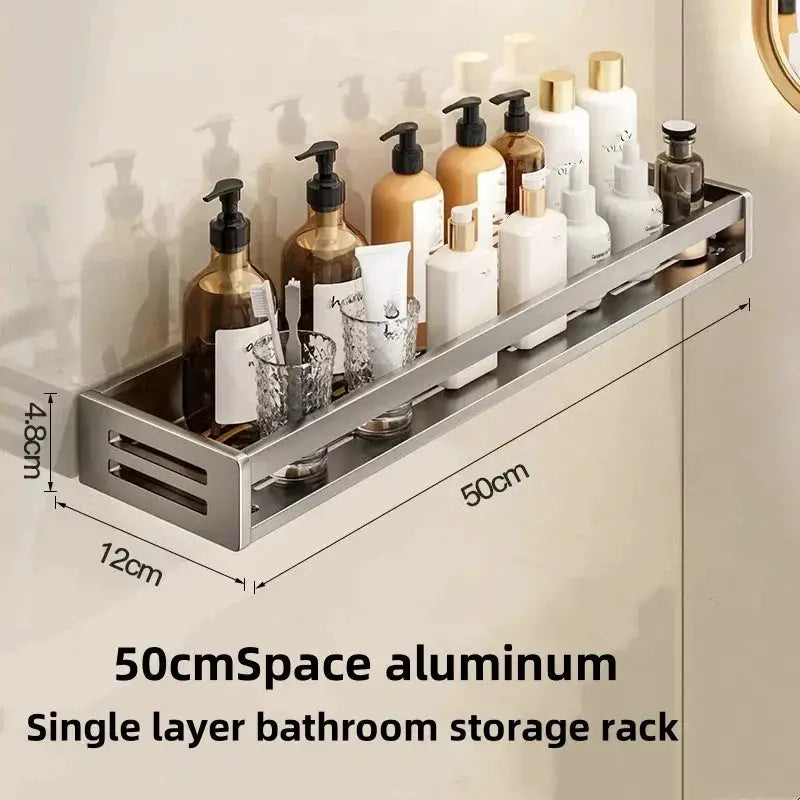 Aluminum corner bathroom shelf rack by Simples Market, 50cm wide, no-drill shampoo organizer and towel holder