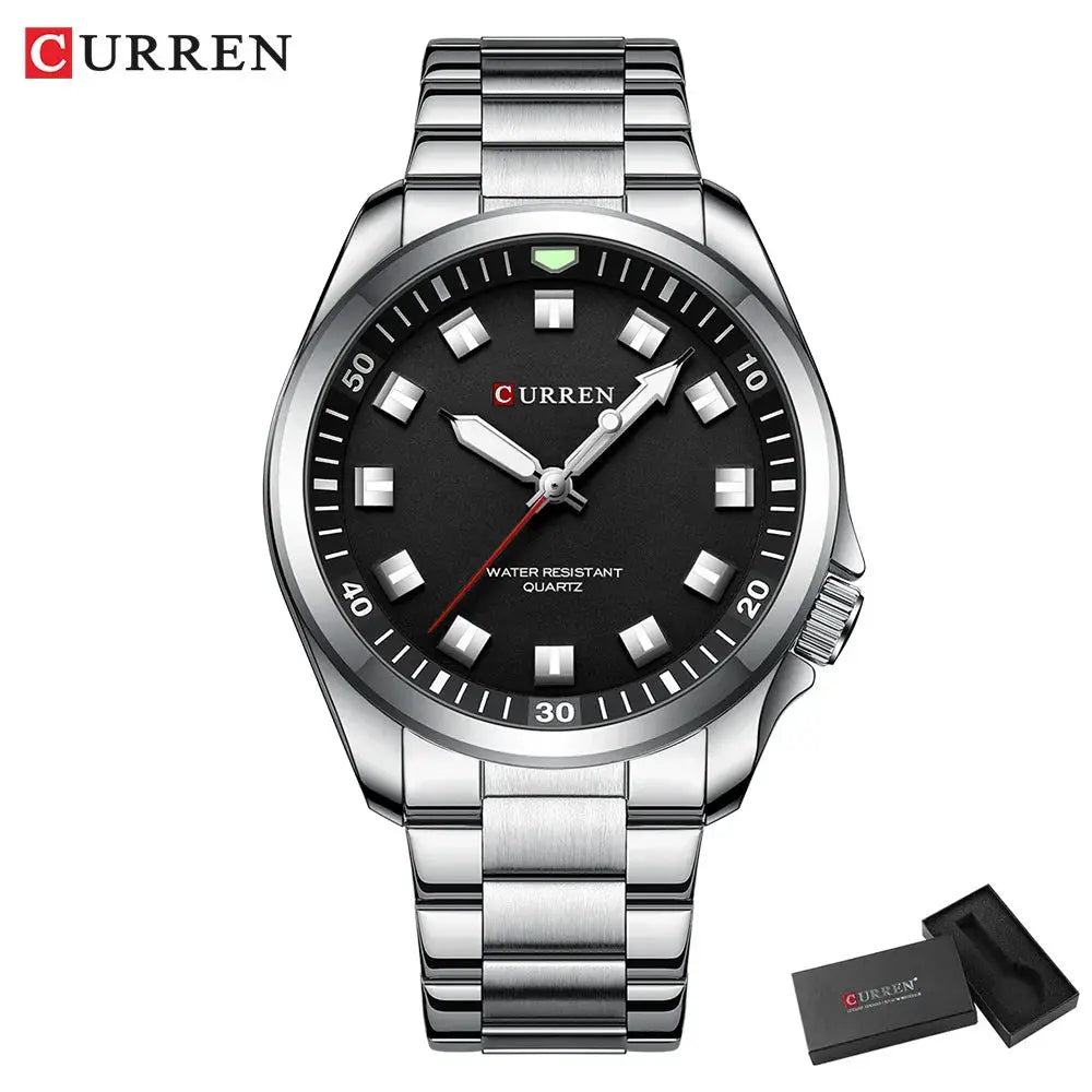 CURREN 8451 stainless steel men's watch with black dial, water resistant quartz, metal bracelet and box