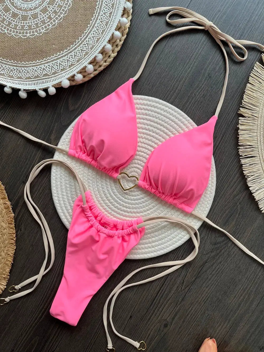 RUOTONSEPT pink halter two-piece bikini set with triangle top and thong bottoms by Simples Market