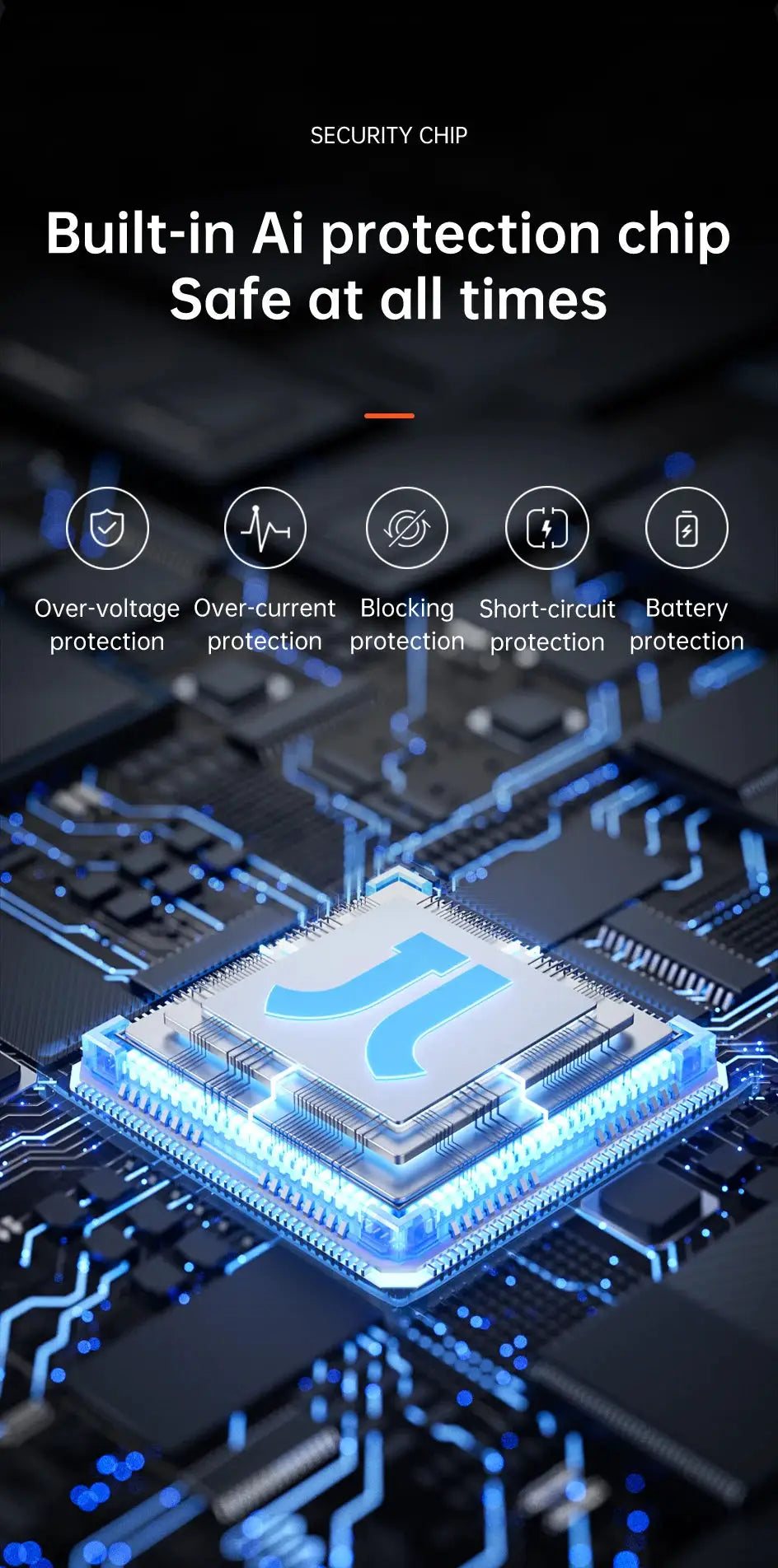 Close-up of a security AI protection chip on a blue-lit circuit board with icons for over-voltage, over-current, blocking, short-circuit and battery protection