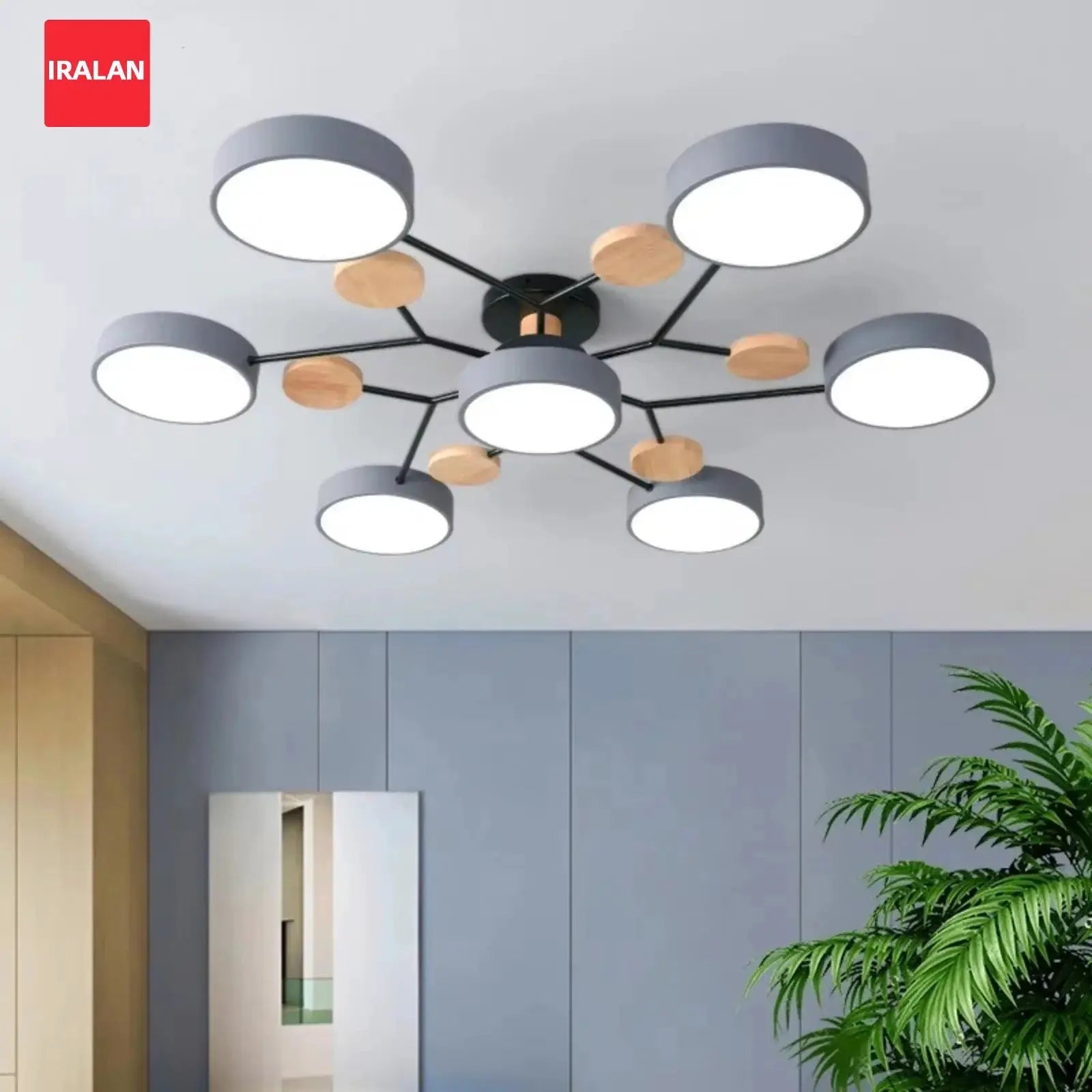 IRALAN branded modern LED chandelier with six grey shade lights, black arms and natural wood accents