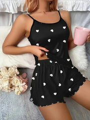 DreamWear Women Two Piece Suspender Pajama Set Heart Print Top and Shorts for Casual Summer Comfort