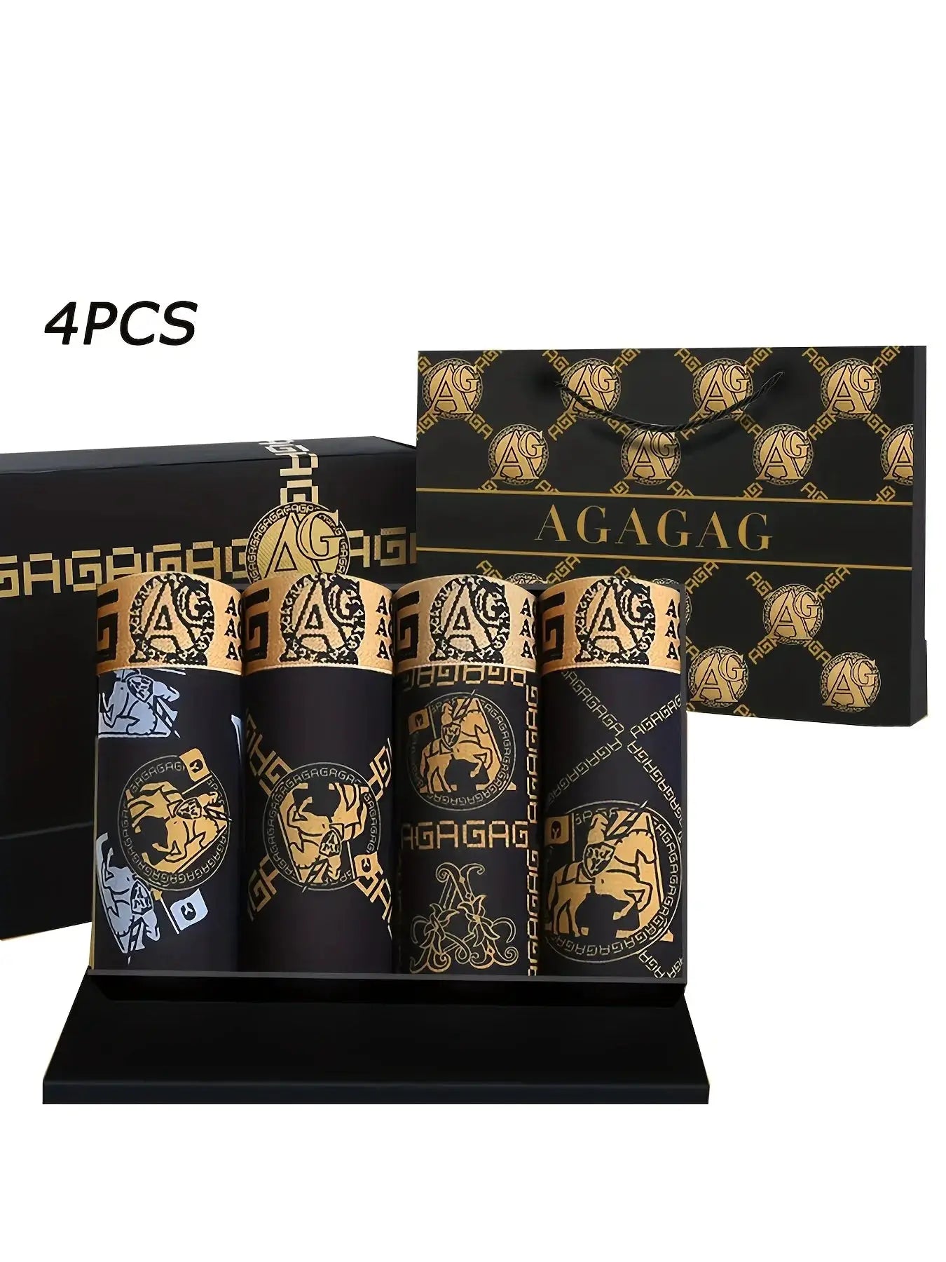 4pc men's boxer shorts set in black with gold AGAGAG retro print; includes branded packaging.