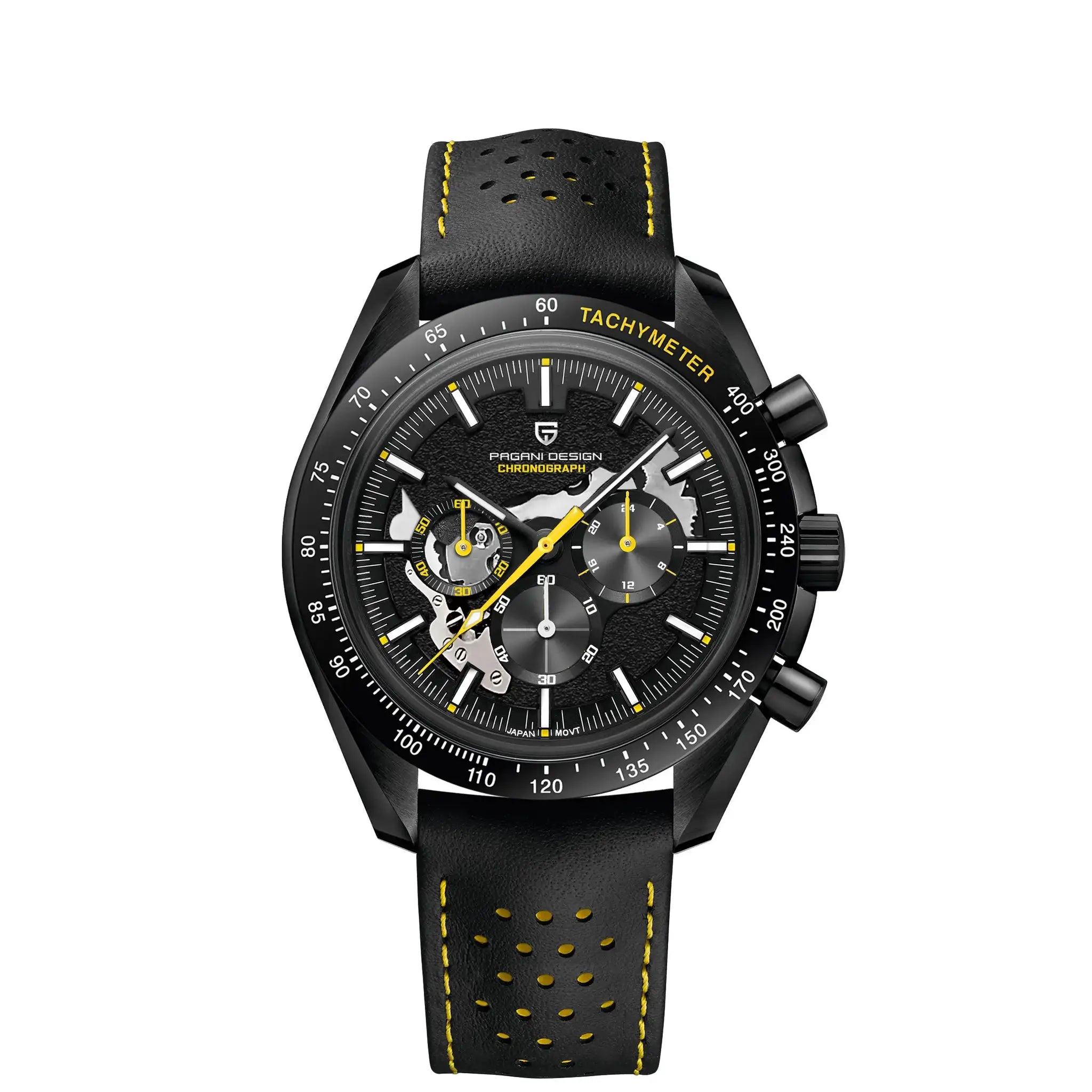 PAGANI DESIGN skeleton chronograph watch with tachymeter and perforated black leather strap with yellow stitching