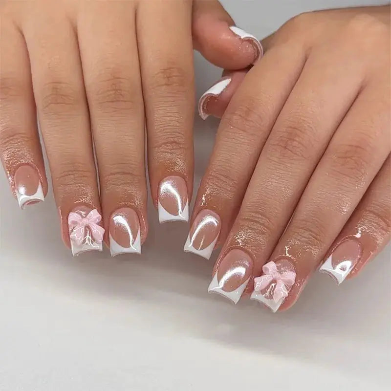 LuxeNail White French Press On Nails 3D Bowknot Full Cover Tips Durable 24Pcs DIY Manicure Set