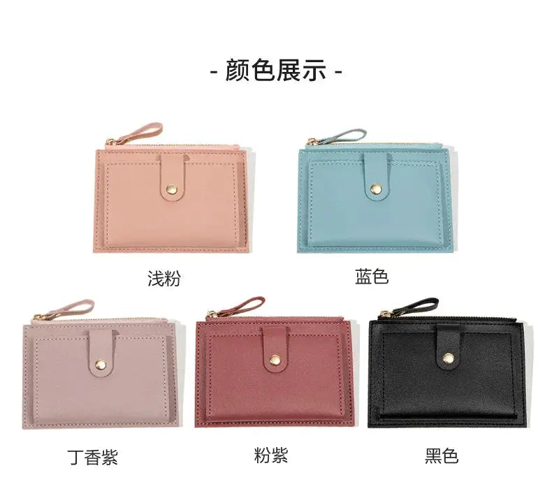 Minimalist women's short card wallet in PU leather; ultra-thin credit card holder, five color options