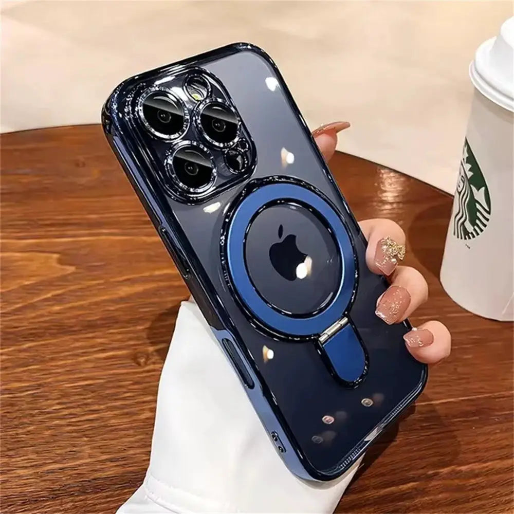 Simples Market MagSafe bracket phone case in blue with wireless charging ring stand and lens protector for iPhone
