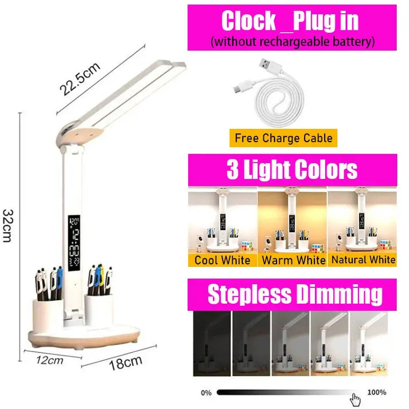 Simples Market LED Clock Desk Lamp with 2-head adjustable arms, USB powered, dimmable, 3 light color options