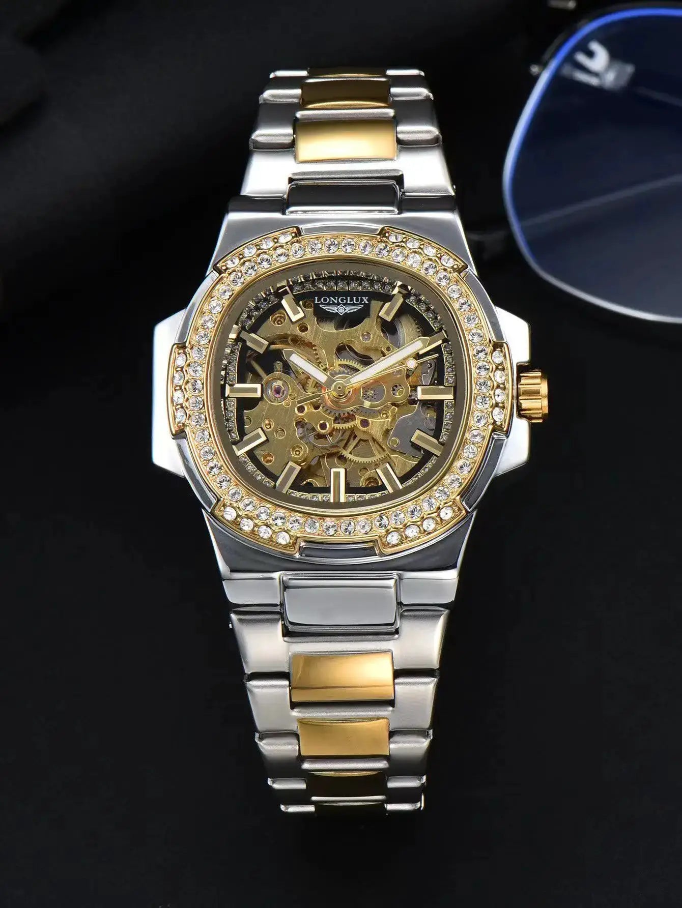 LONGLUX skeleton automatic men's watch with silver and gold-tone stainless steel bracelet and diamond-studded bezel