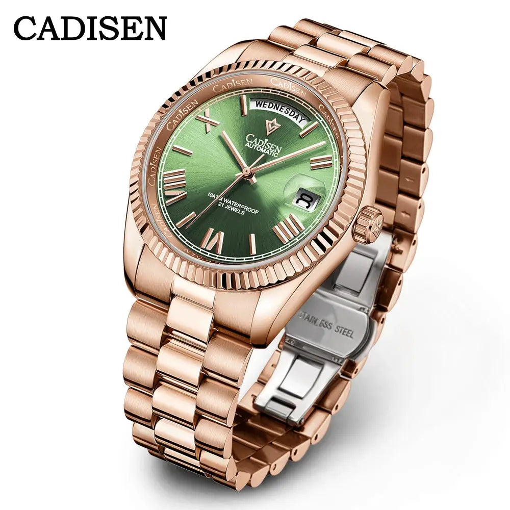 CADISEN men's automatic watch with green meteorite dial, rose-gold stainless steel band, day/date, 100m WR, MIYOTA 8285