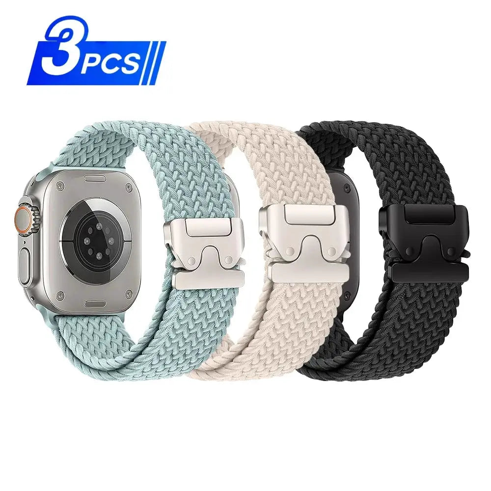 Parachute watch straps for Apple Watch, braided nylon bands in blue, beige and black with metal clasps, 3 pcs.