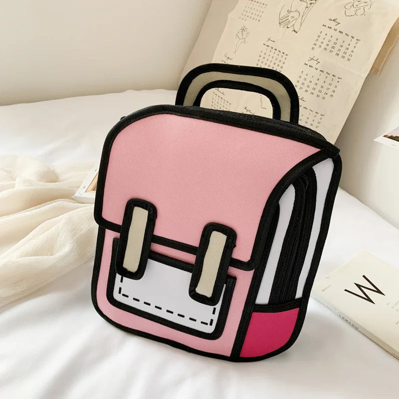 Two Dimensional 3D Multi-Functional Backpack pink with black trim and front pocket