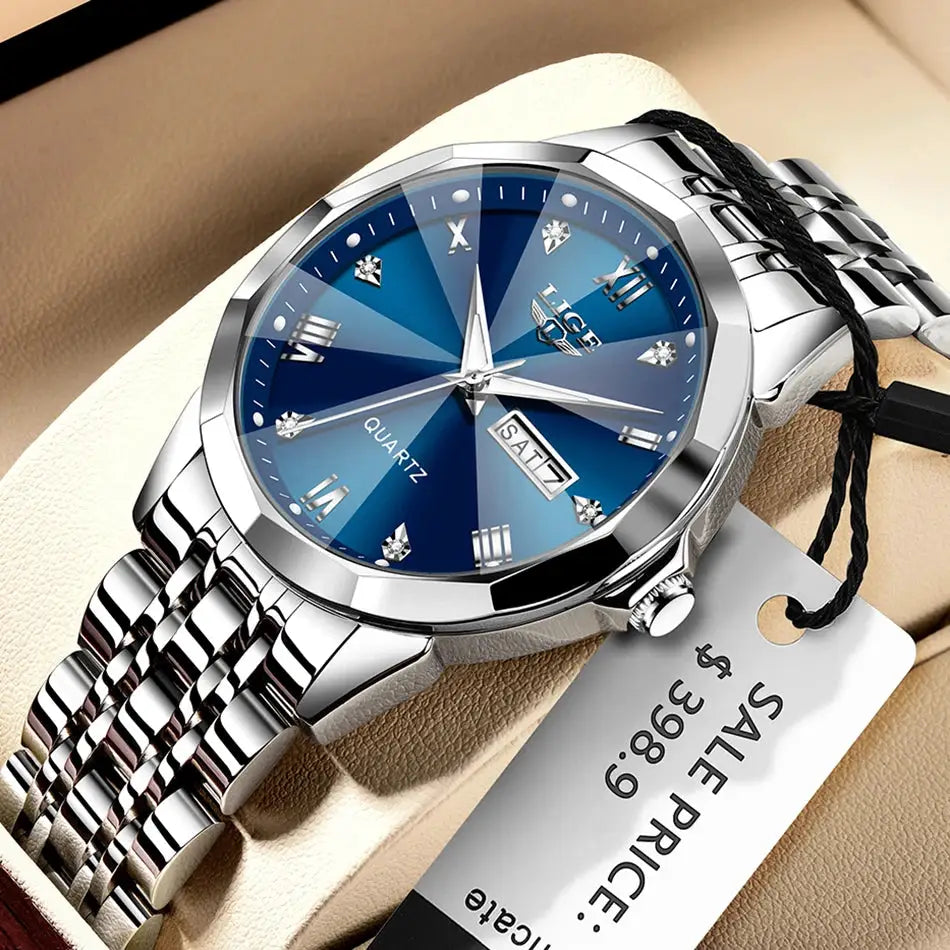 LIGE women's quartz watch with blue gradient dial and stainless steel bracelet