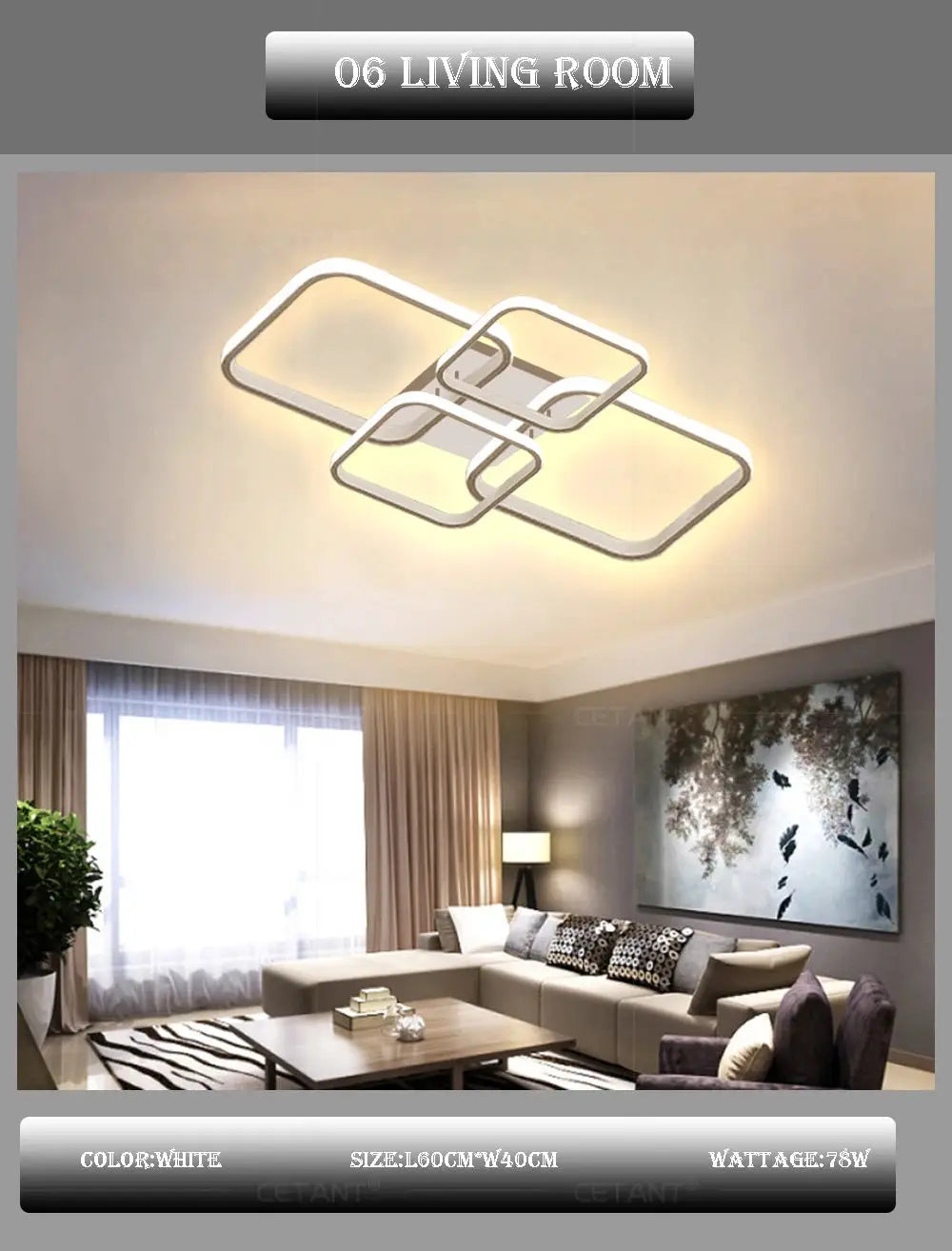 Modern LED ceiling light with four white square frames and black accents by Simples Market