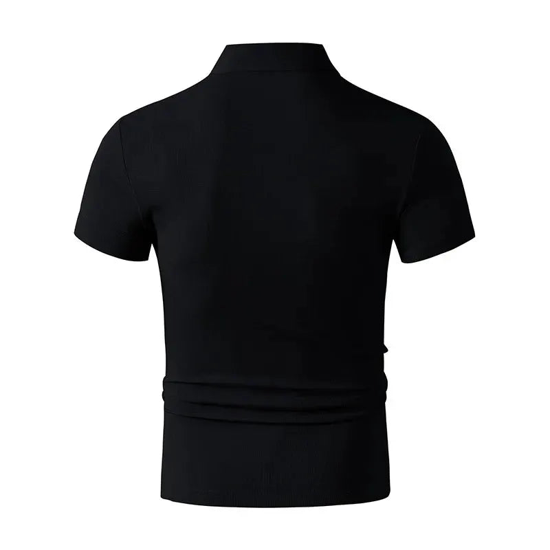 Simples Market men's polo shirt, black, collared, short-sleeve, back view