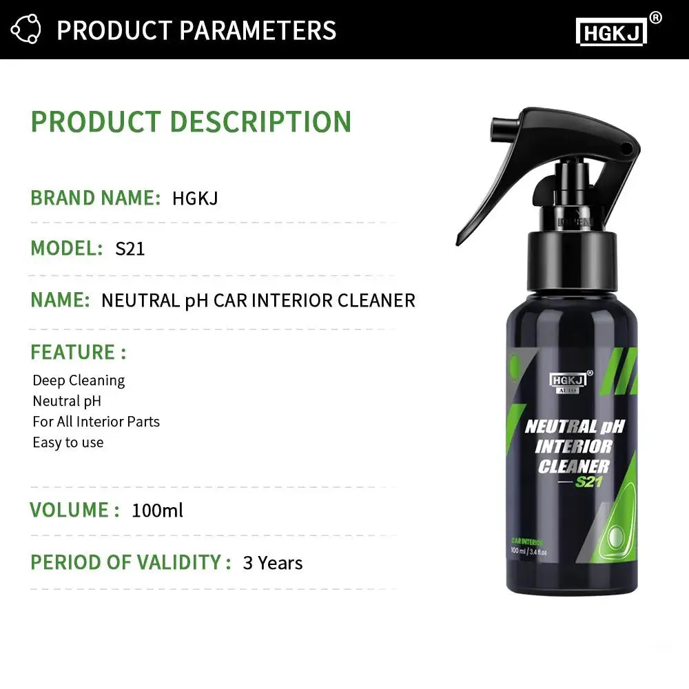 Interior cleaner spray bottle, neutral pH, HGKJ S21, 100 ml, dark bottle with green label