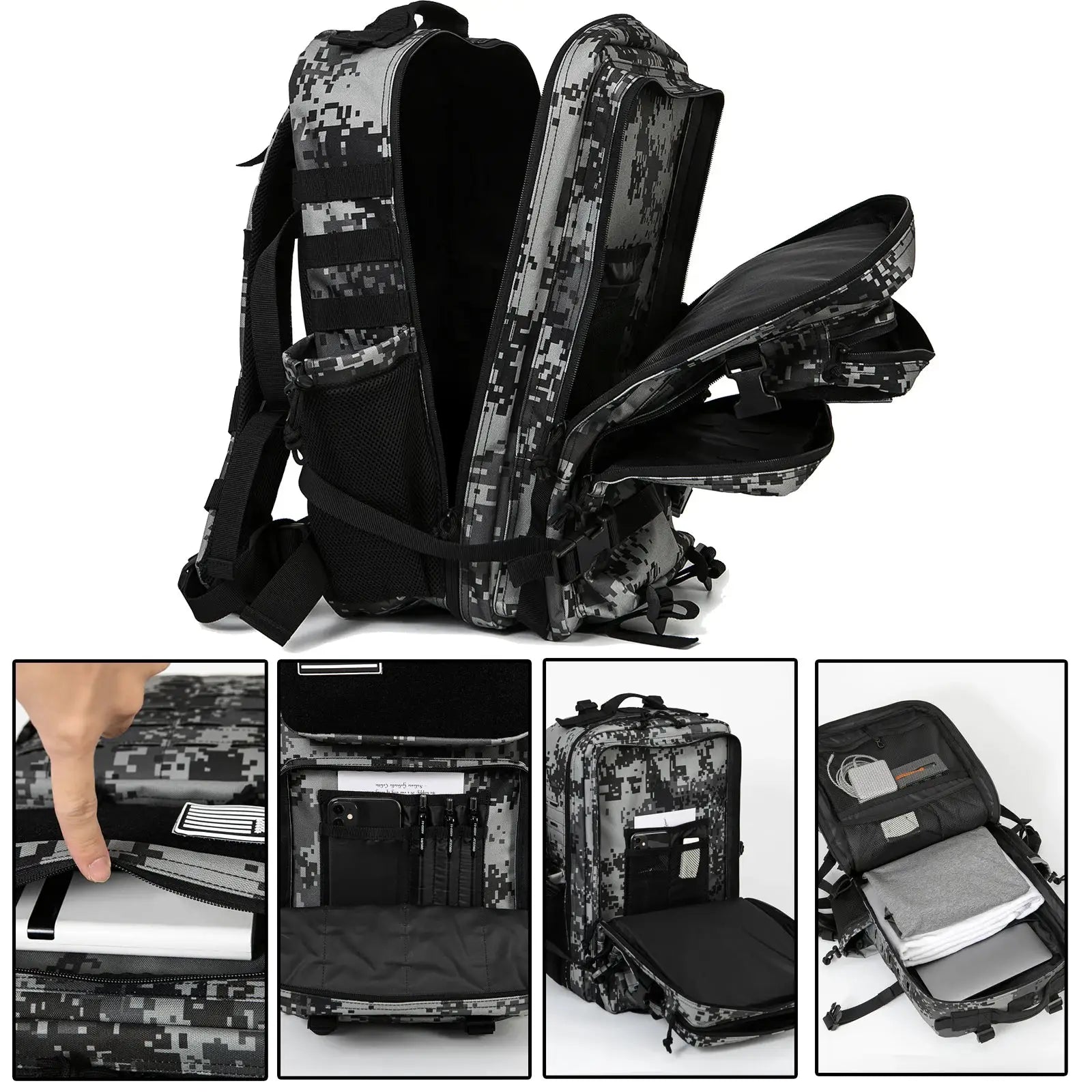 Tactical MOLLE survival backpack showcasing spacious compartments and military-grade design for extreme conditions.