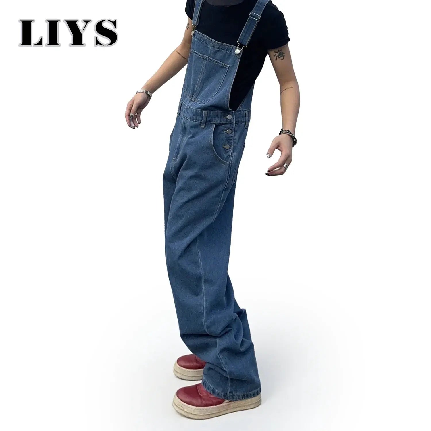 Men's denim overalls with suspenders, mid-wash blue, relaxed baggy fit