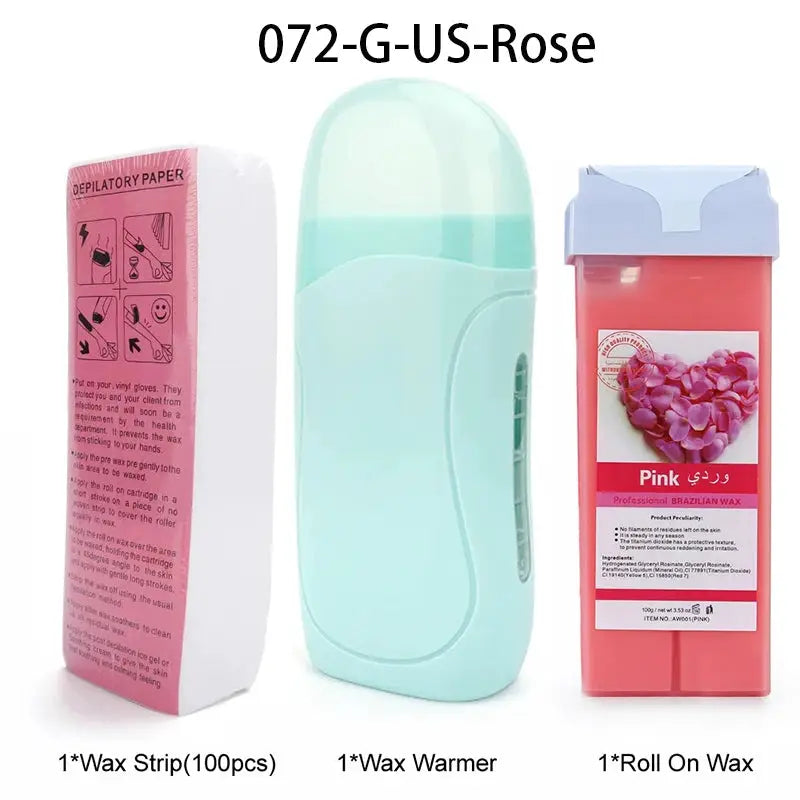 Unisex roll-on depilatory wax kit with mint green wax warmer, pink roll-on wax, and 1 box of wax strips (100pcs).