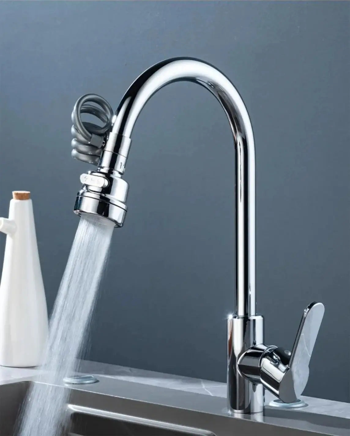 Chrome 3-mode sink faucet with high-arc gooseneck and pull-down spray nozzle