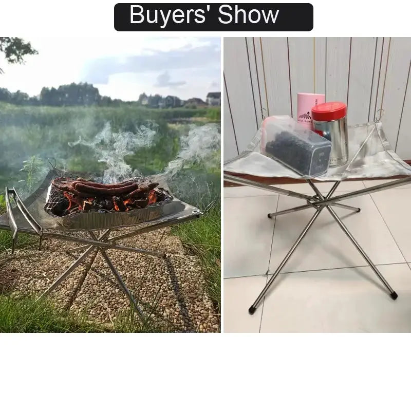 Outdoor BBQ Bonfire Rack; portable stainless steel fire pit grill with foldable frame