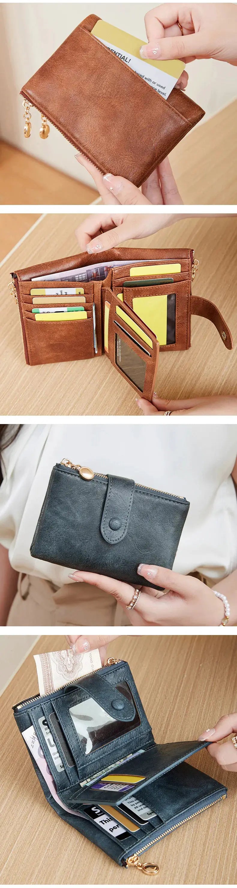 Two minimalist women's wallets in brown and blue leather, three-layer, large-capacity by Simples Market