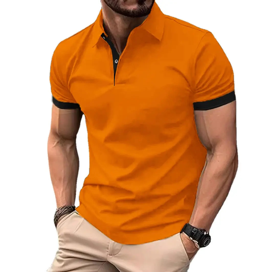 Orange men's polo shirt with black contrast placket and cuffs, short sleeves