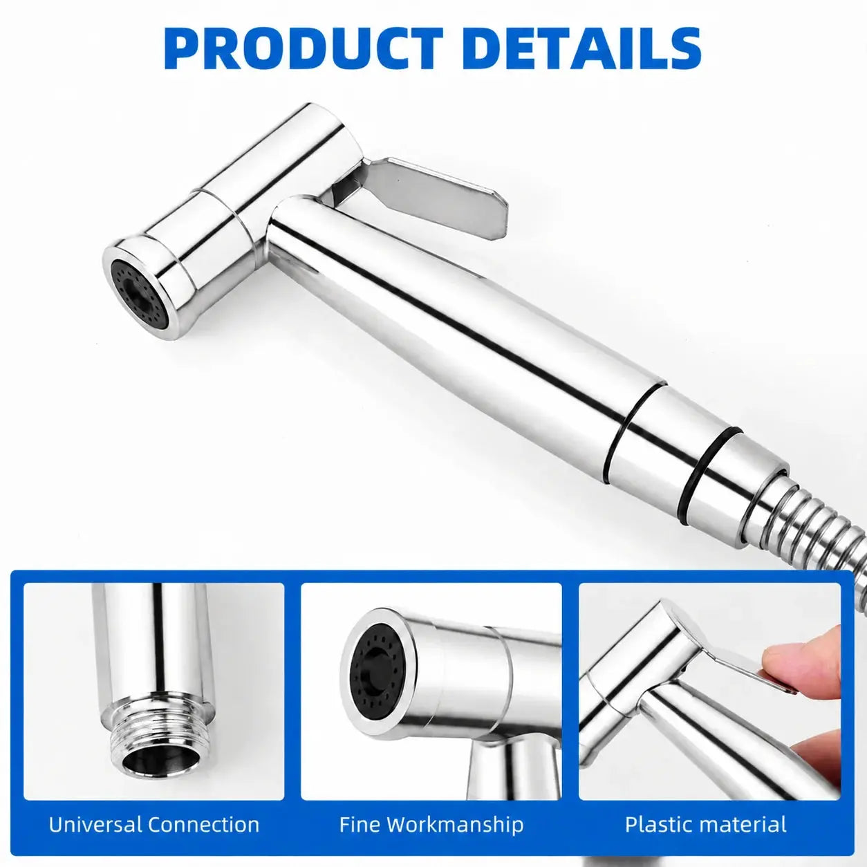 Portable handheld bidet sprayer nozzle in chrome with lever and universal connection