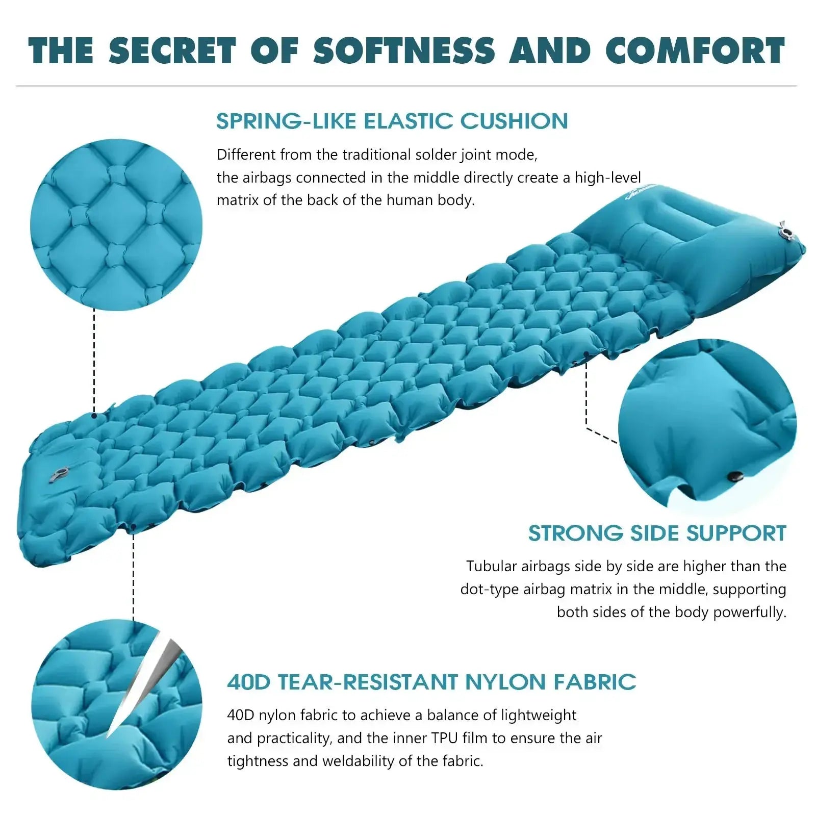 Outdoor sleeping pad camping inflatable mattress with pillows, ultralight turquoise travel mat by Simples Market