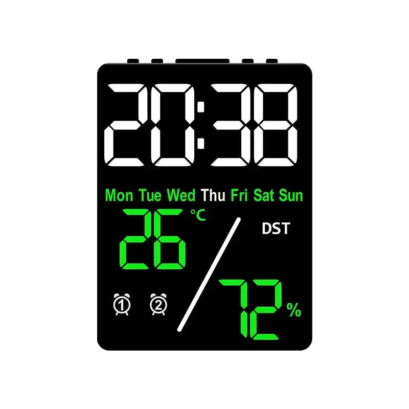 Multifunctional large-screen digital alarm clock with humidity/temperature display day display and brightness adjustment.