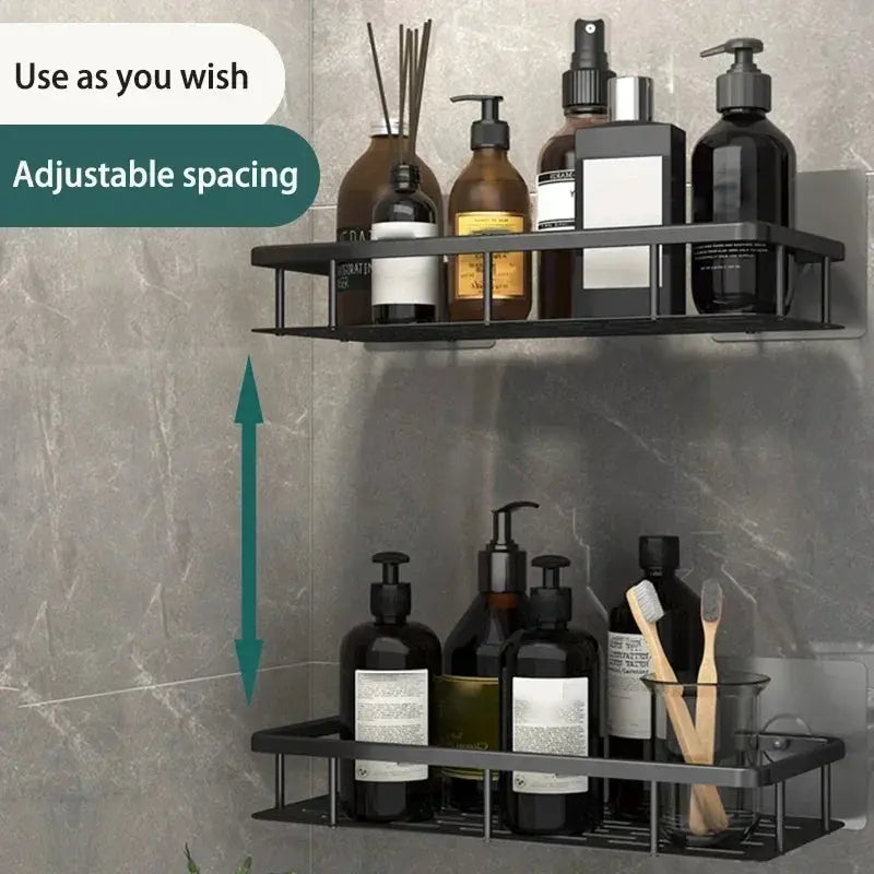 Two-tier black aluminum alloy bathroom shelf, wall-mounted no-drill shower rack with adjustable spacing