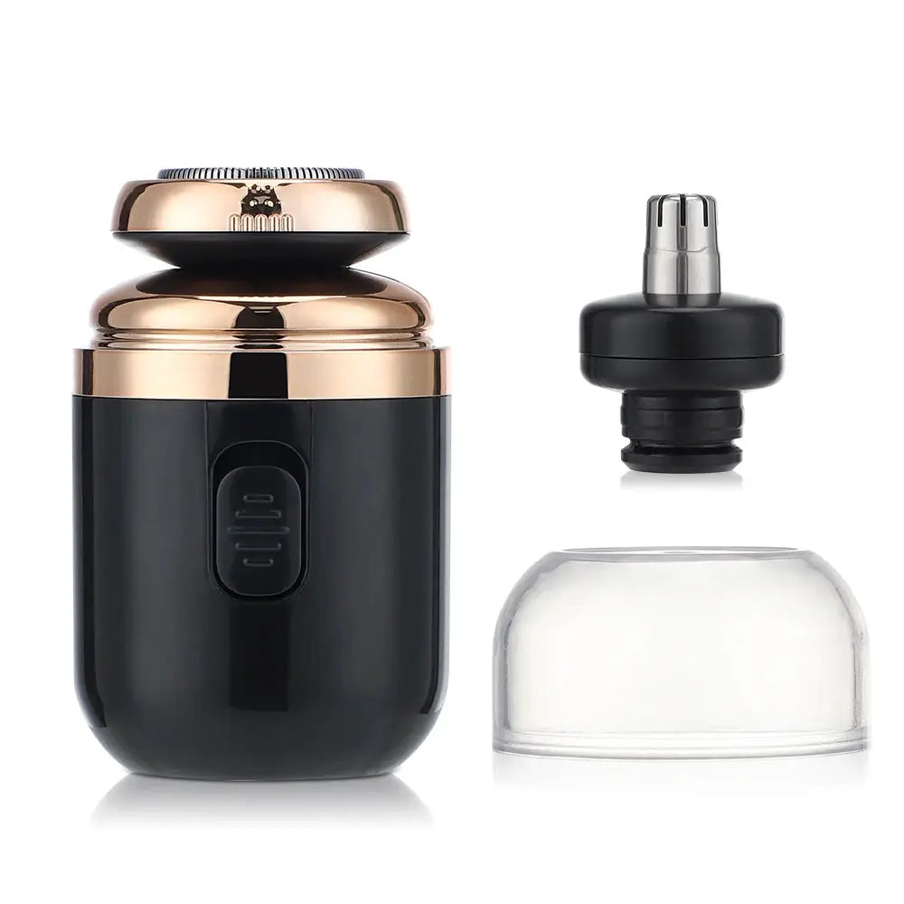 Mini portable electric razor with rose-gold top and black body, detachable trimmer head and clear cap.