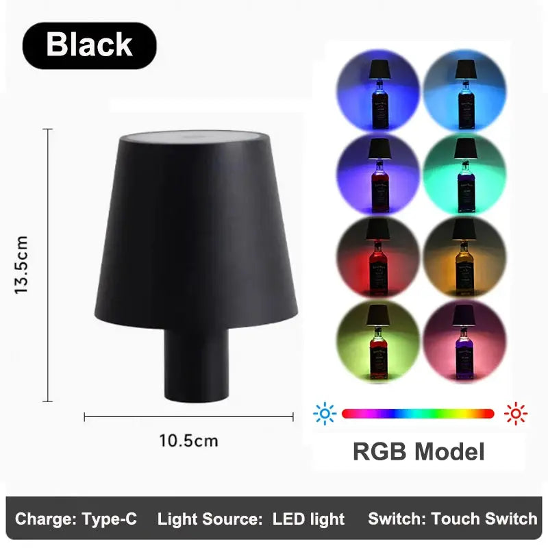 Simples Market wireless LED bottle lamp, black RGB LED color options, touch switch for wine bottles.