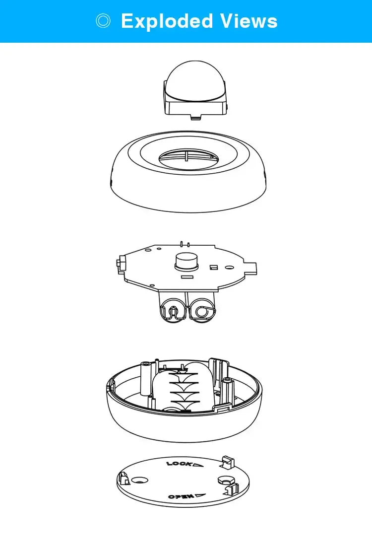 Tuya WiFi PIR motion sensor by Simples Market; 5-piece exploded view with dome cap, base, PCB module, inner housing, lid