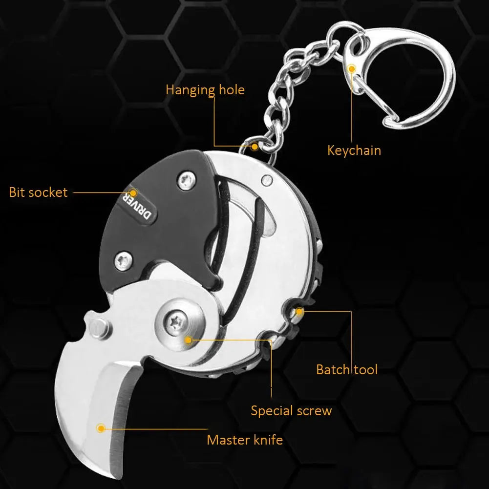 Simples Market multifunctional keychain tool with silver folding coin knife and hex bit socket